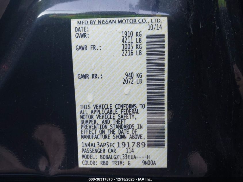 2015 NISSAN ALTIMA 2.5 S - 1N4AL3AP5FC191789