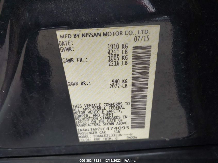 2015 NISSAN ALTIMA 2.5 S - 1N4AL3AP7FC474095