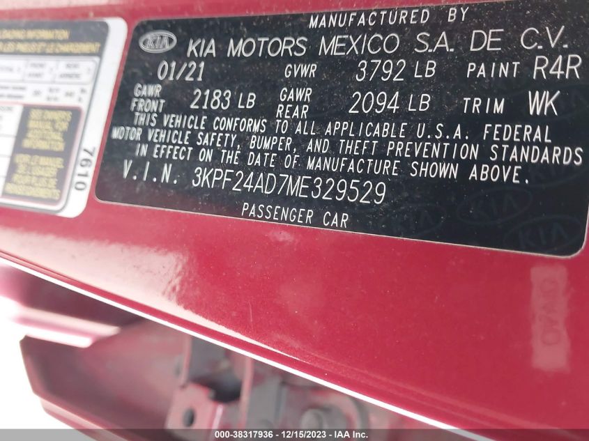 2021 KIA FORTE LXS - 3KPF24AD7ME329529