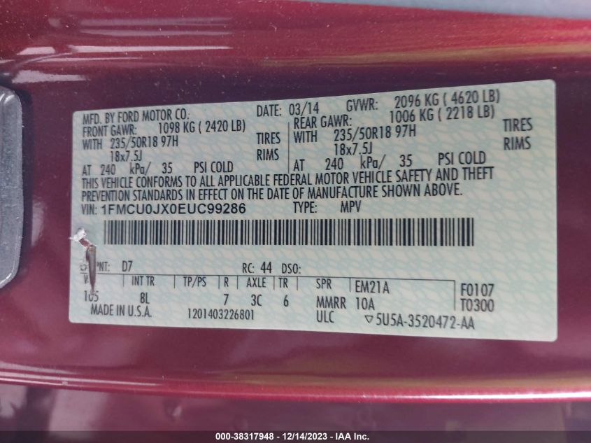 2014 FORD ESCAPE TITANIUM - 1FMCU0JX0EUC99286