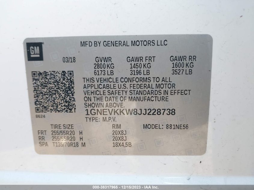 2018 CHEVROLET TRAVERSE HIGH COUNTRY - 1GNEVKKW8JJ228738
