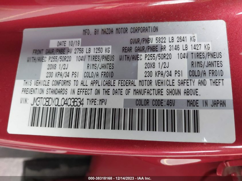2020 MAZDA CX-9 GRAND TOURING - JM3TCBDY0L0403634