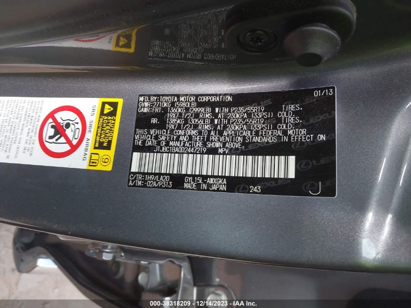 2013 LEXUS RX 450H - JTJBC1BA0D2447219