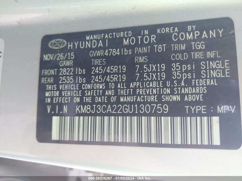 2016 HYUNDAI TUCSON SPORT - KM8J3CA22GU130759
