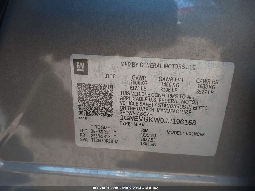 2018 CHEVROLET TRAVERSE 1LT - 1GNEVGKW0JJ196168