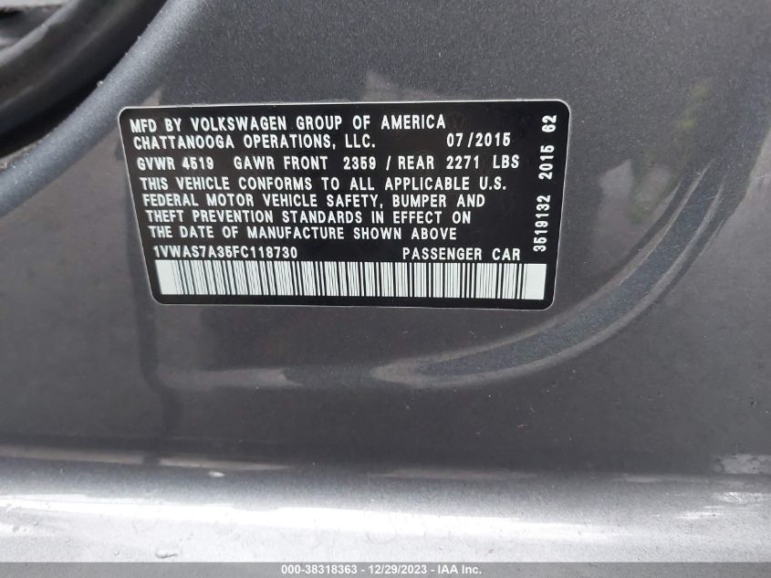 2015 VOLKSWAGEN PASSAT 1.8T LIMITED EDITION - 1VWAS7A35FC118730