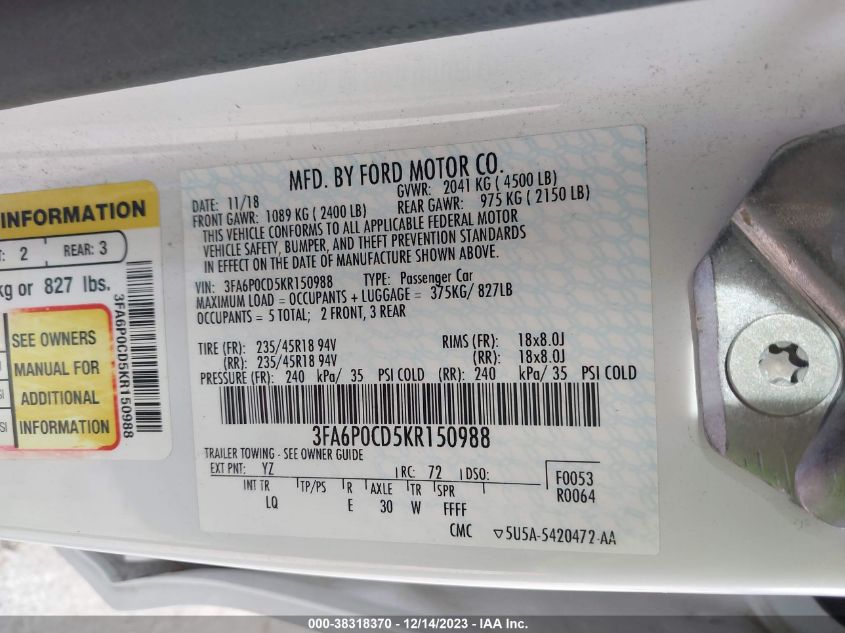 3FA6P0CD5KR150988 2019 FORD FUSION, photo no. 9