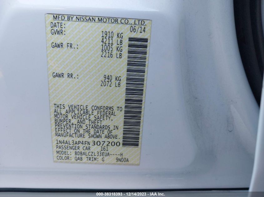 2015 NISSAN ALTIMA 2.5 S - 1N4AL3AP4FN307200