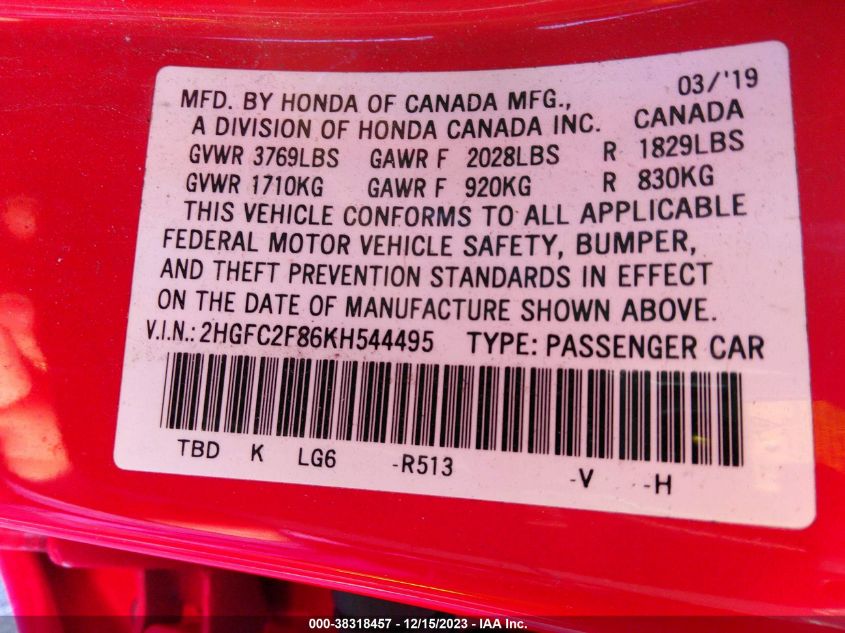 2019 HONDA CIVIC SPORT - 2HGFC2F86KH544495