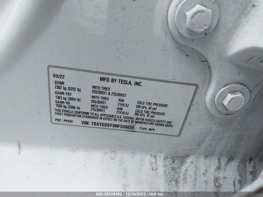 VIN 7SAYGDEF8NF558628 2022 TESLA MODEL Y PERFORMANCE DUAL MOTOR ALL-WHEEL DRIVE