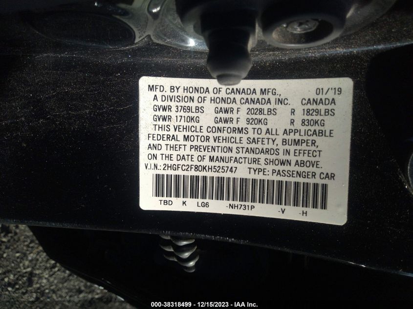 2019 HONDA CIVIC SPORT - 2HGFC2F80KH525747