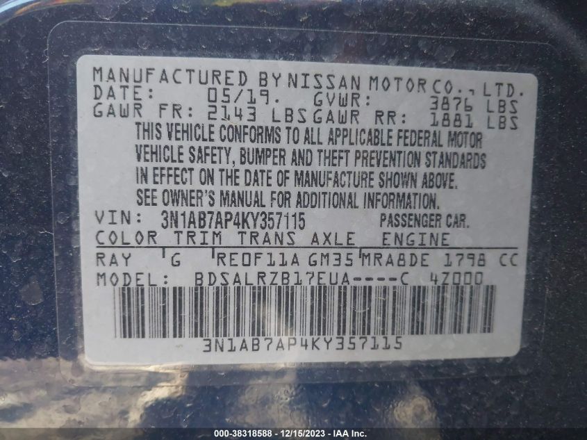 VIN 3N1AB7AP4KY357115 2019 NISSAN SENTRA SR