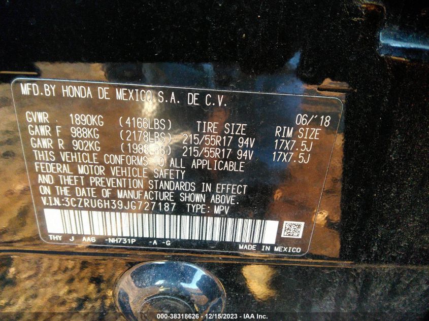 2018 HONDA HR-V LX - 3CZRU6H39JG727187