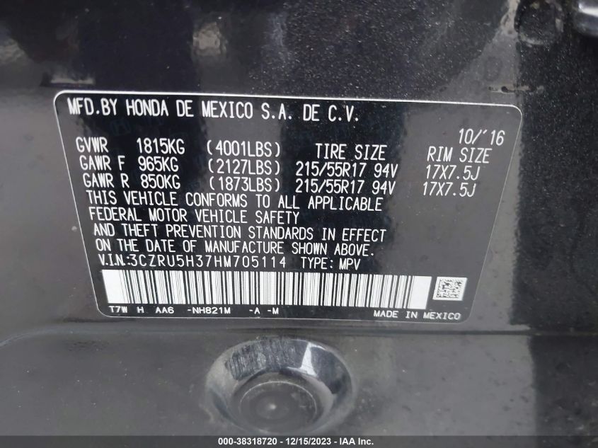 2017 HONDA HR-V LX - 3CZRU5H37HM705114