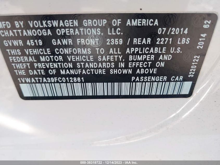 2015 VOLKSWAGEN PASSAT 1.8T WOLFSBURG EDITION - 1VWAT7A39FC012861