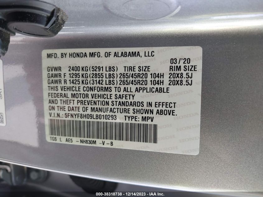 VIN 5FNYF8H09LB010293 2020 HONDA PASSPORT no.9