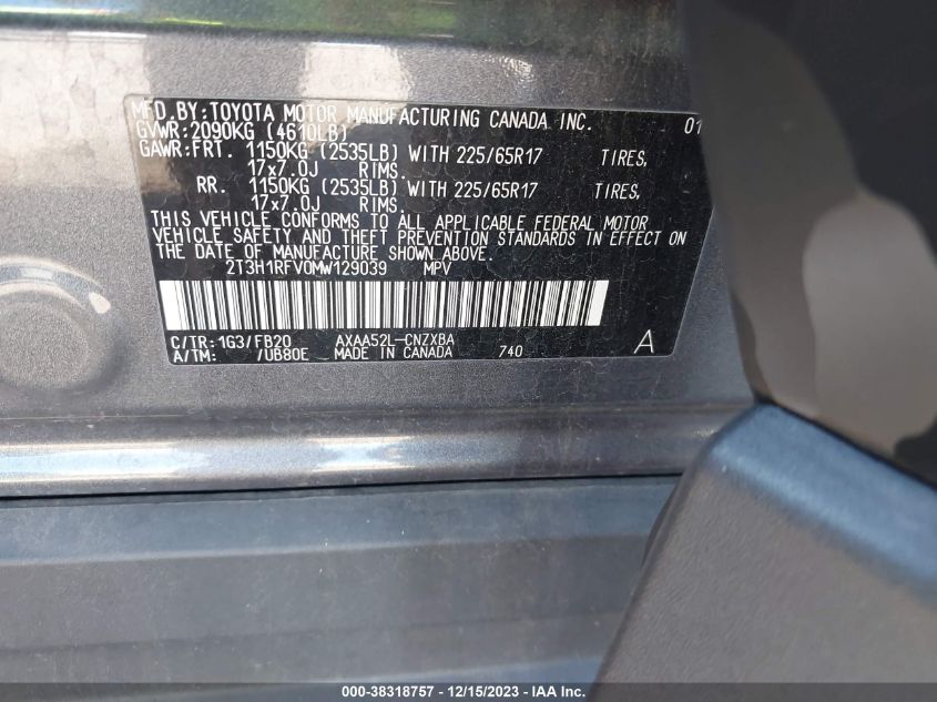 2021 TOYOTA RAV4 LE - 2T3H1RFV0MW129039