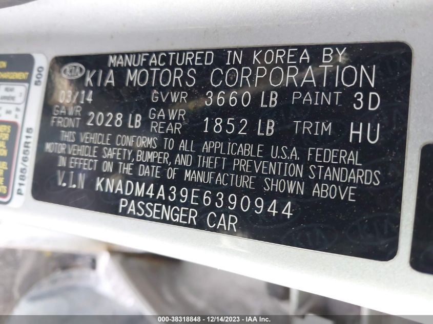 2014 KIA RIO LX - KNADM4A39E6390944