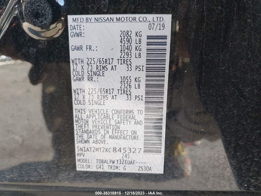 2019 NISSAN ROGUE S/SL/SV - 5N1AT2MT2KC845327