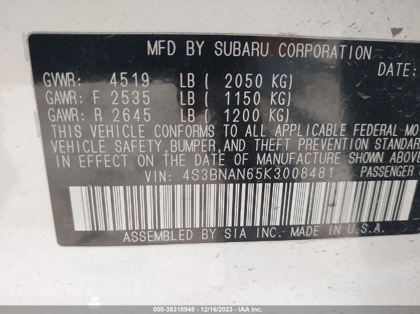 2019 SUBARU LEGACY 2.5I LIMITED - 4S3BNAN65K3008481
