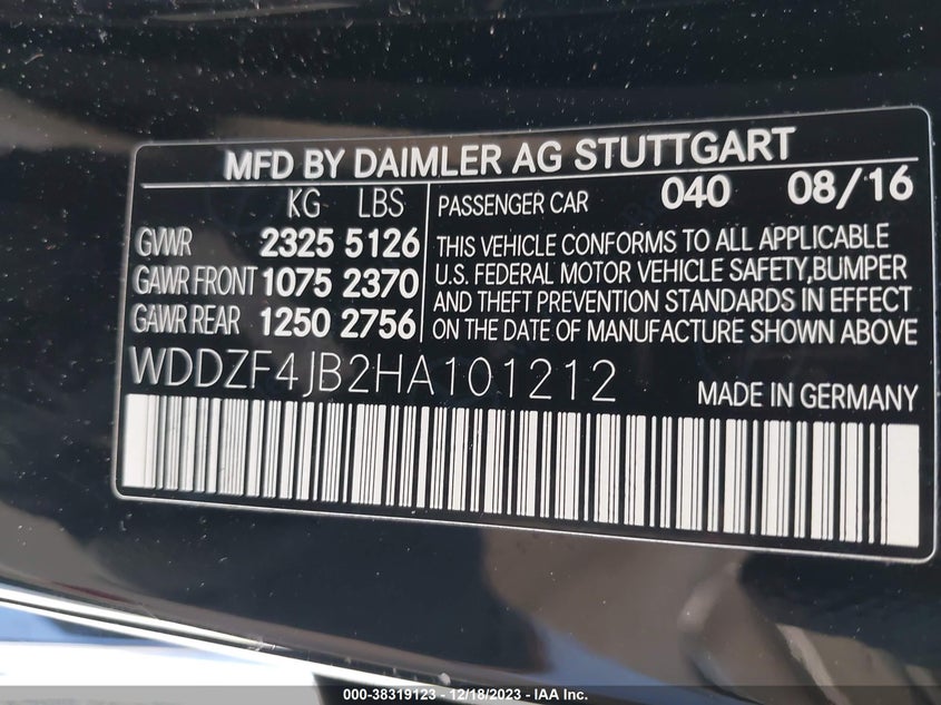VIN WDDZF4JB2HA101212 2017 MERCEDES-BENZ E 300