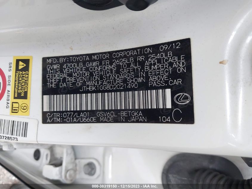 2013 LEXUS ES 350 - JTHBK1GG8D2021490