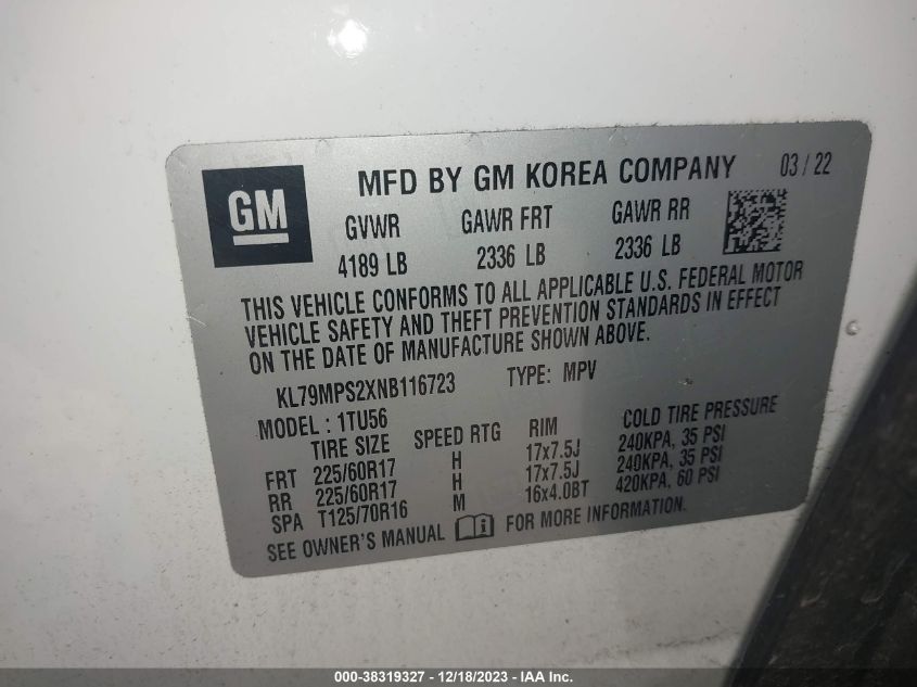 2022 CHEVROLET TRAILBLAZER LT - KL79MPS2XNB116723