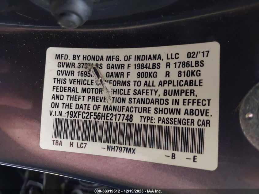 2017 HONDA CIVIC LX - 19XFC2F56HE217748