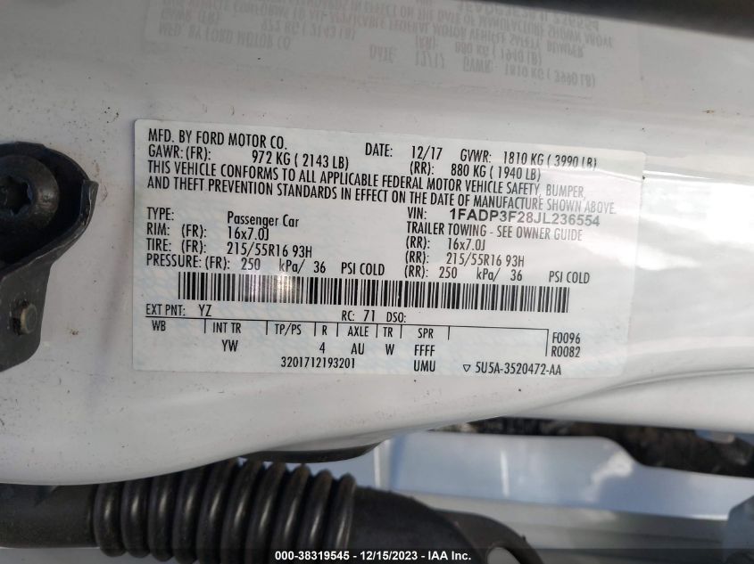 2018 FORD FOCUS SE - 1FADP3F28JL236554