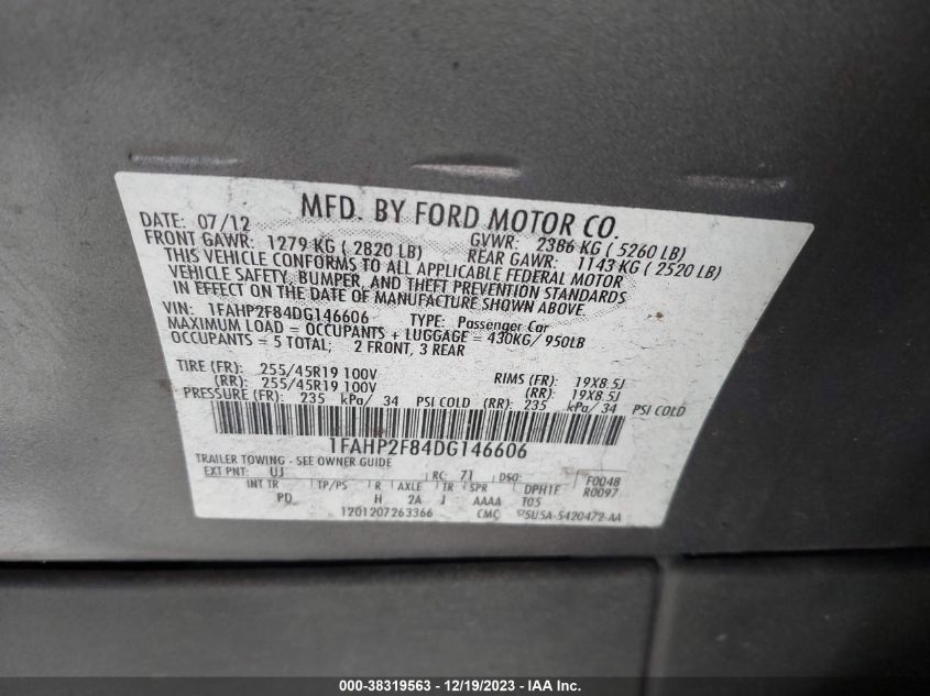 2013 FORD TAURUS LIMITED - 1FAHP2F84DG146606