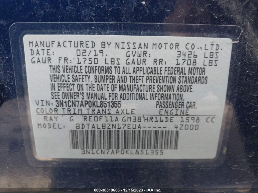 2019 NISSAN VERSA 1.6 SV - 3N1CN7AP0KL851355