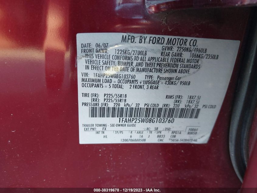 1FAHP25W08G103760 | 2008 FORD TAURUS