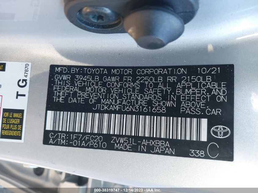 2022 TOYOTA PRIUS L ECO - JTDKAMFU6N3161658