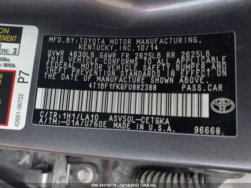2015 TOYOTA CAMRY XLE - 4T1BF1FK6FU882388