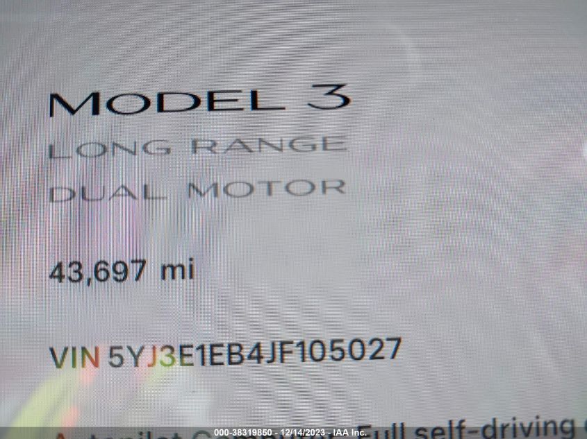 2018 TESLA MODEL 3 LONG RANGE/PERFORMANCE - 5YJ3E1EB4JF105027
