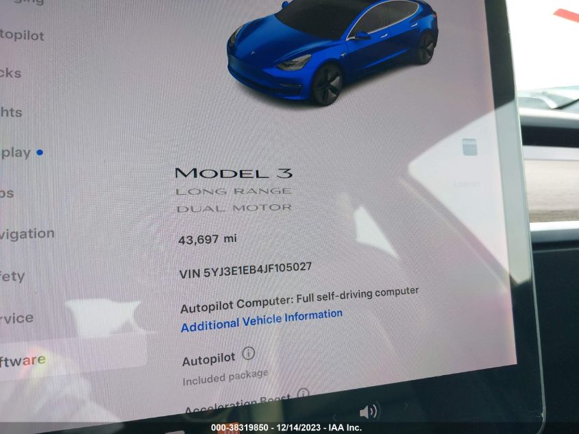 2018 TESLA MODEL 3 LONG RANGE/PERFORMANCE - 5YJ3E1EB4JF105027