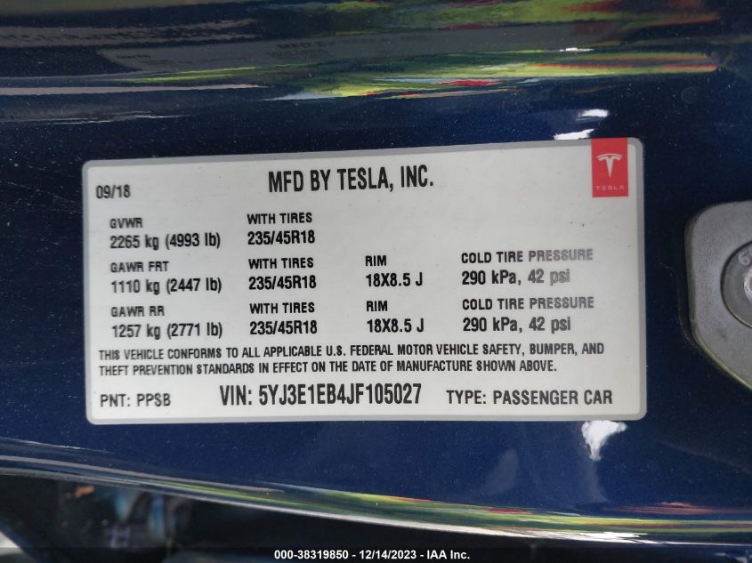 2018 TESLA MODEL 3 LONG RANGE/PERFORMANCE - 5YJ3E1EB4JF105027
