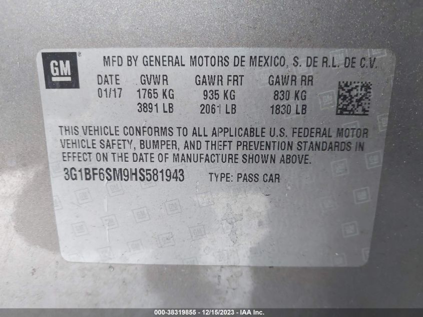 2017 CHEVROLET CRUZE PREMIER AUTO - 3G1BF6SM9HS581943