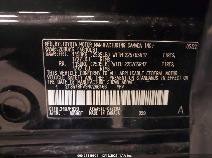 2022 TOYOTA RAV4 LE - 2T3G1RFV4NC16E153