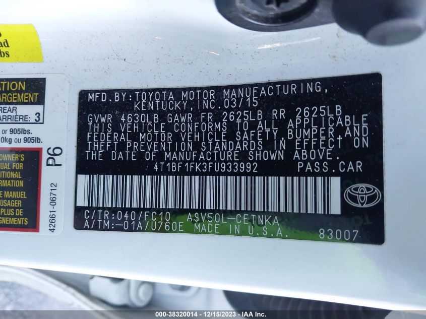 2015 TOYOTA CAMRY LE - 4T1BF1FK3FU933992