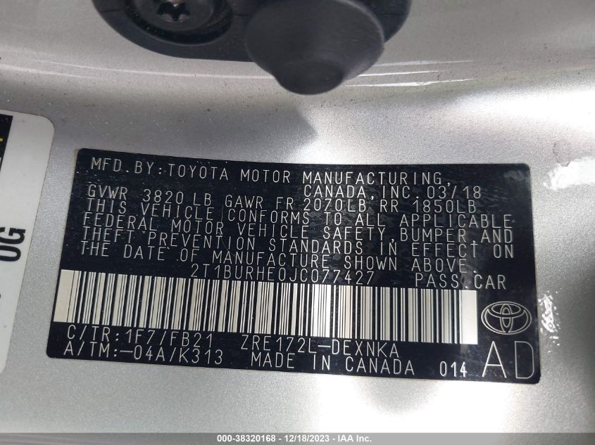 2018 TOYOTA COROLLA L/LE/XLE/SE/XSE - 2T1BURHE0JC077427
