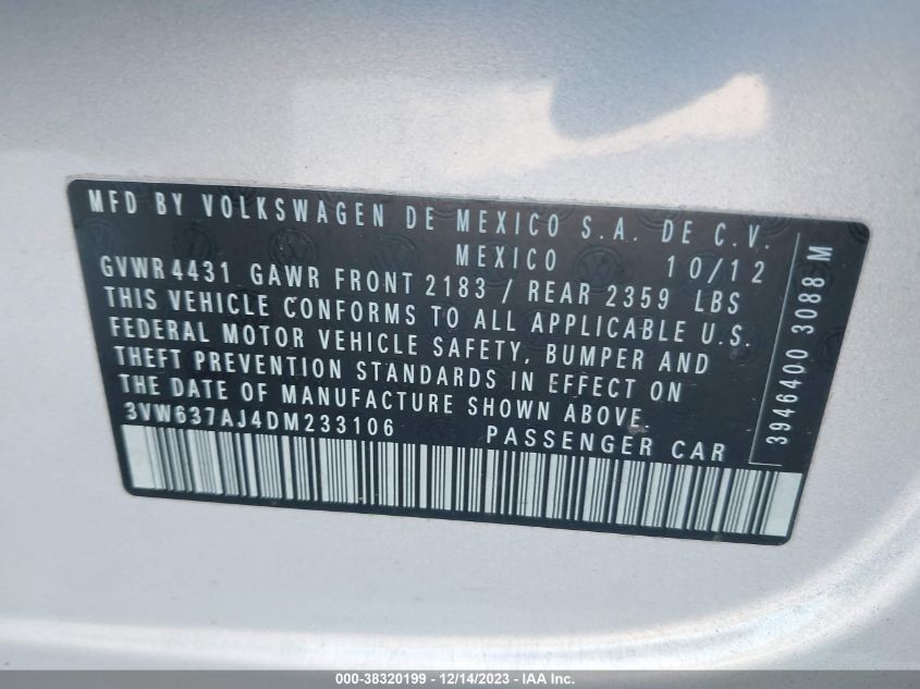 2013 VOLKSWAGEN JETTA HYBRID SEL 3VW637AJ4DM233106