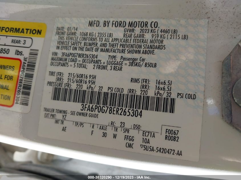 2014 FORD FUSION S - 3FA6P0G78ER265304