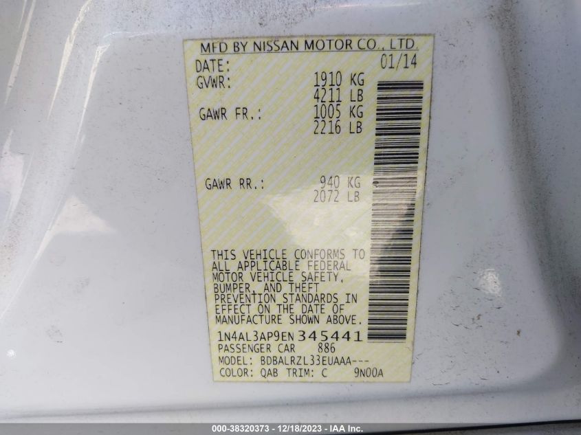 2014 NISSAN ALTIMA 2.5/2.5 S/2.5 SL/2.5 SV - 1N4AL3AP9EN345441
