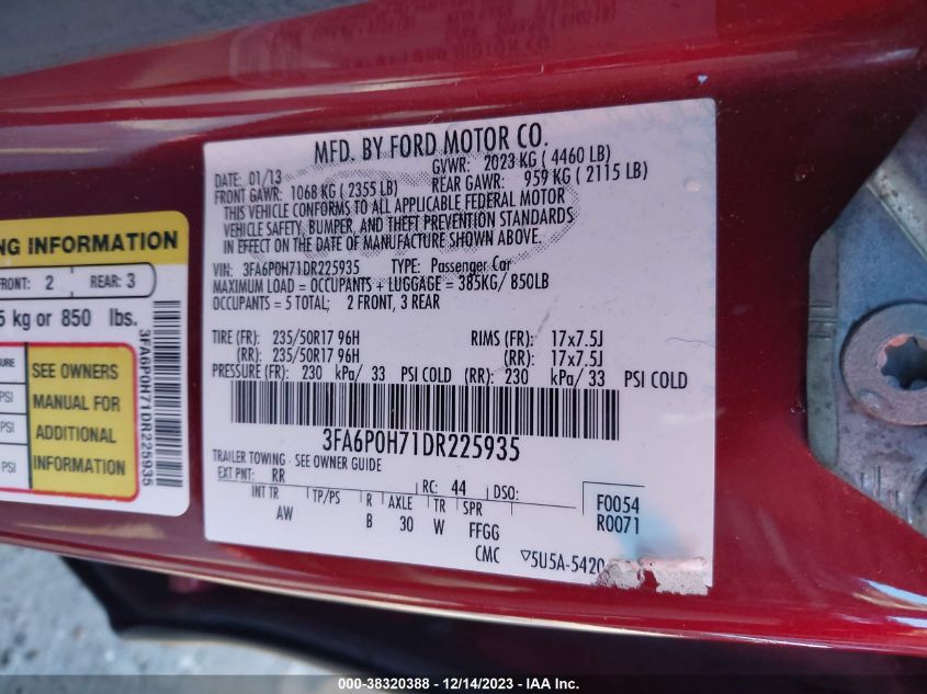 2013 FORD FUSION SE - 3FA6P0H71DR225935