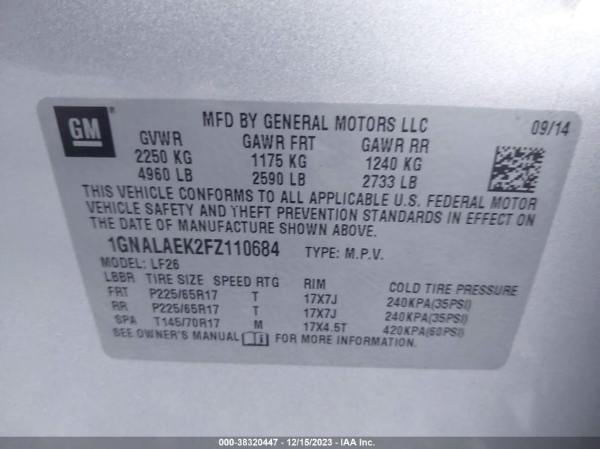 2015 CHEVROLET EQUINOX LS - 1GNALAEK2FZ110684