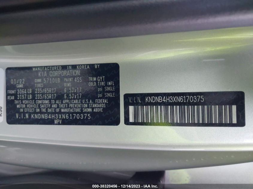 2022 KIA CARNIVAL MPV LX SEAT PACKAGE KNDNB4H3XN6170375