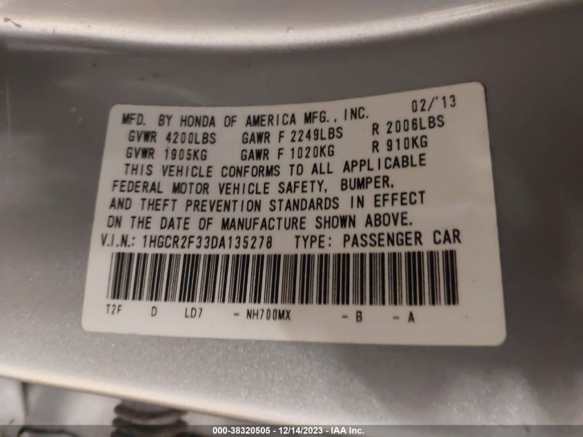 2013 HONDA ACCORD LX - 1HGCR2F33DA135278
