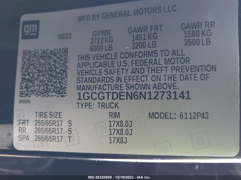 VIN 1GCGTDEN6N1273141 2022 CHEVROLET COLORADO Z71