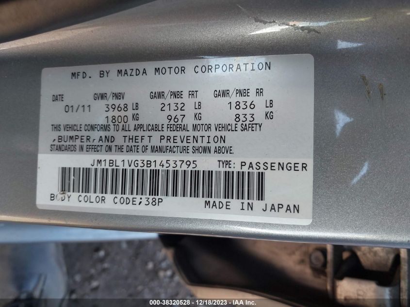 JM1BL1VG3B1453795 | 2011 MAZDA MAZDA3